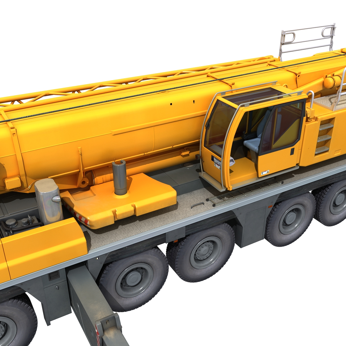 Close render of Liebherr crane cab, boom side, counterweight area and carrier wheels
