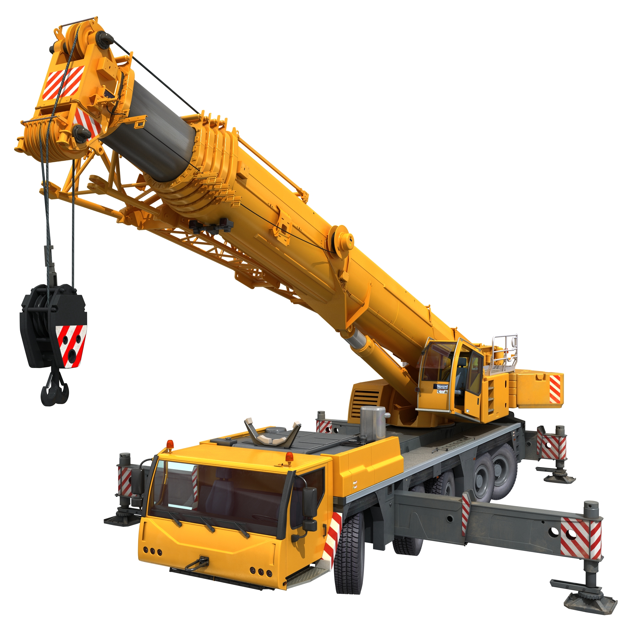 Rendered yellow Liebherr mobile crane with boom raised, outriggers deployed and hook block visible