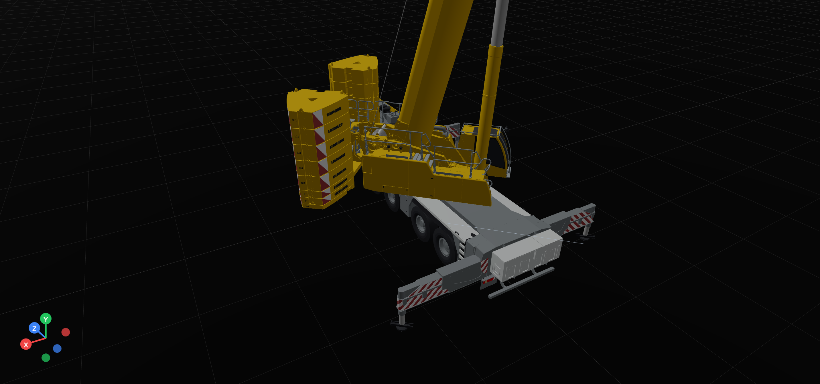 VisualQuip 3D crane setup showing counterweights and outriggers in a dark planning viewport